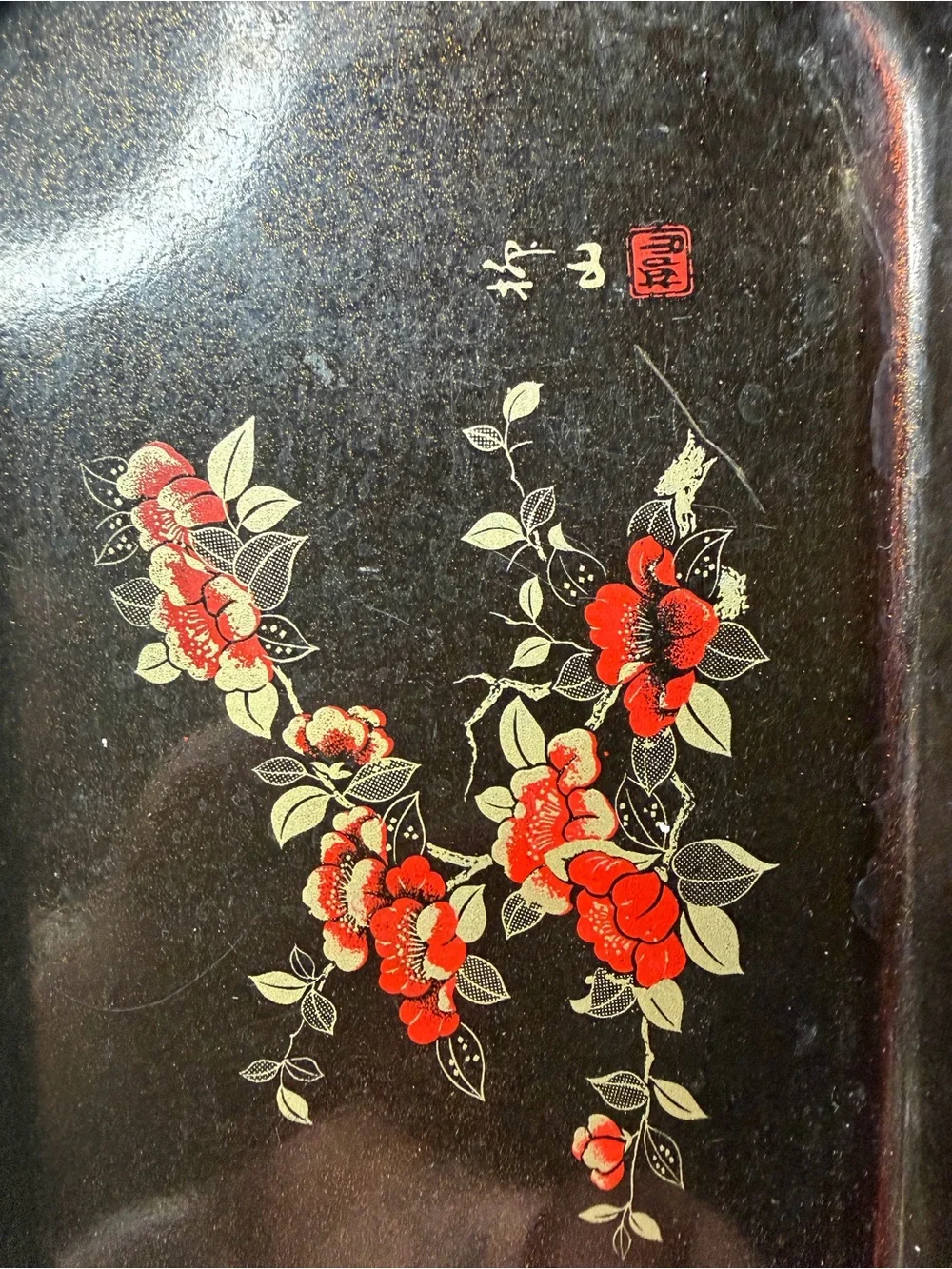 Vintage Floral Serving Trays - Black with Red Flower Motif